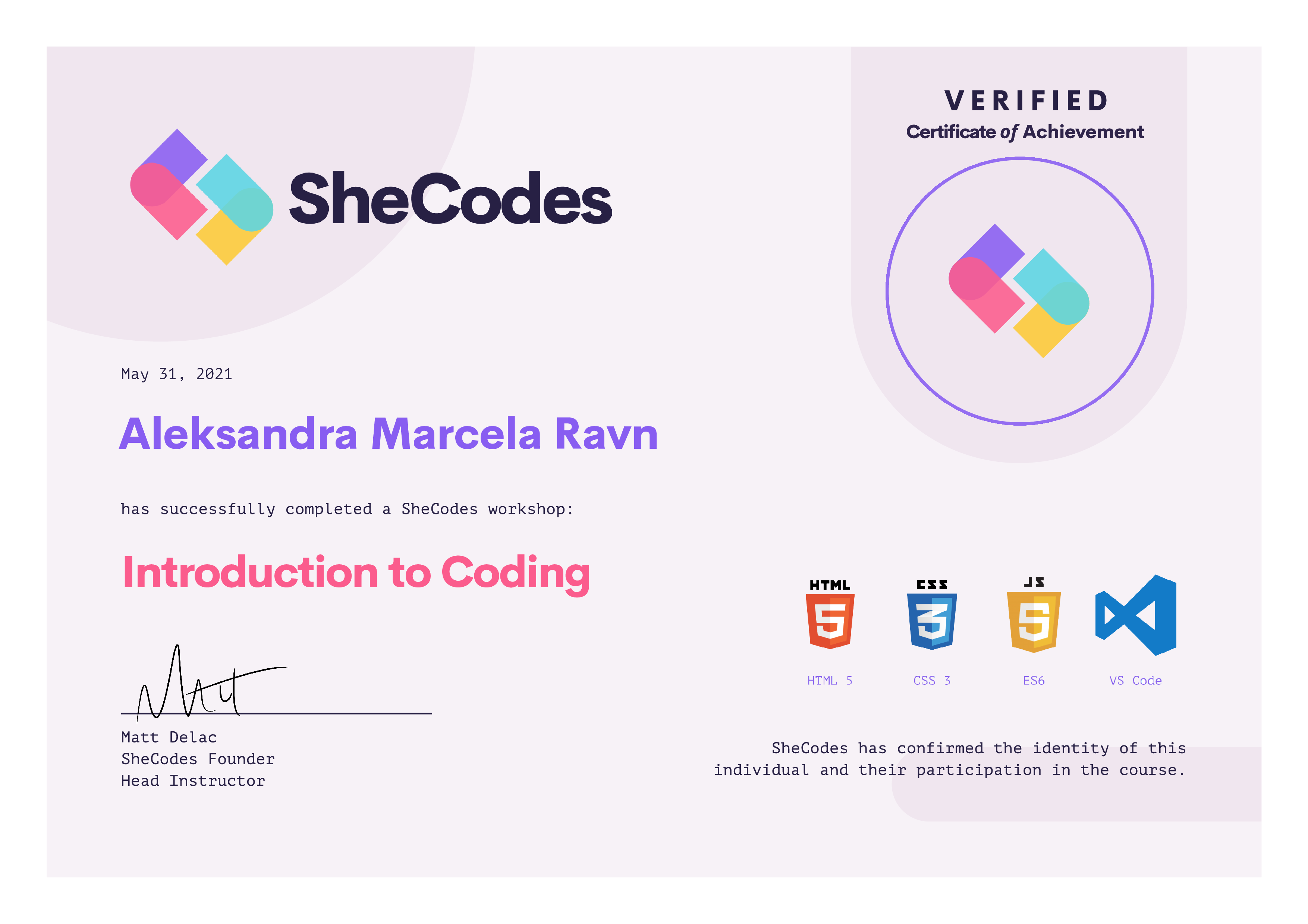 SheCodes Introduction to Coding Certificate