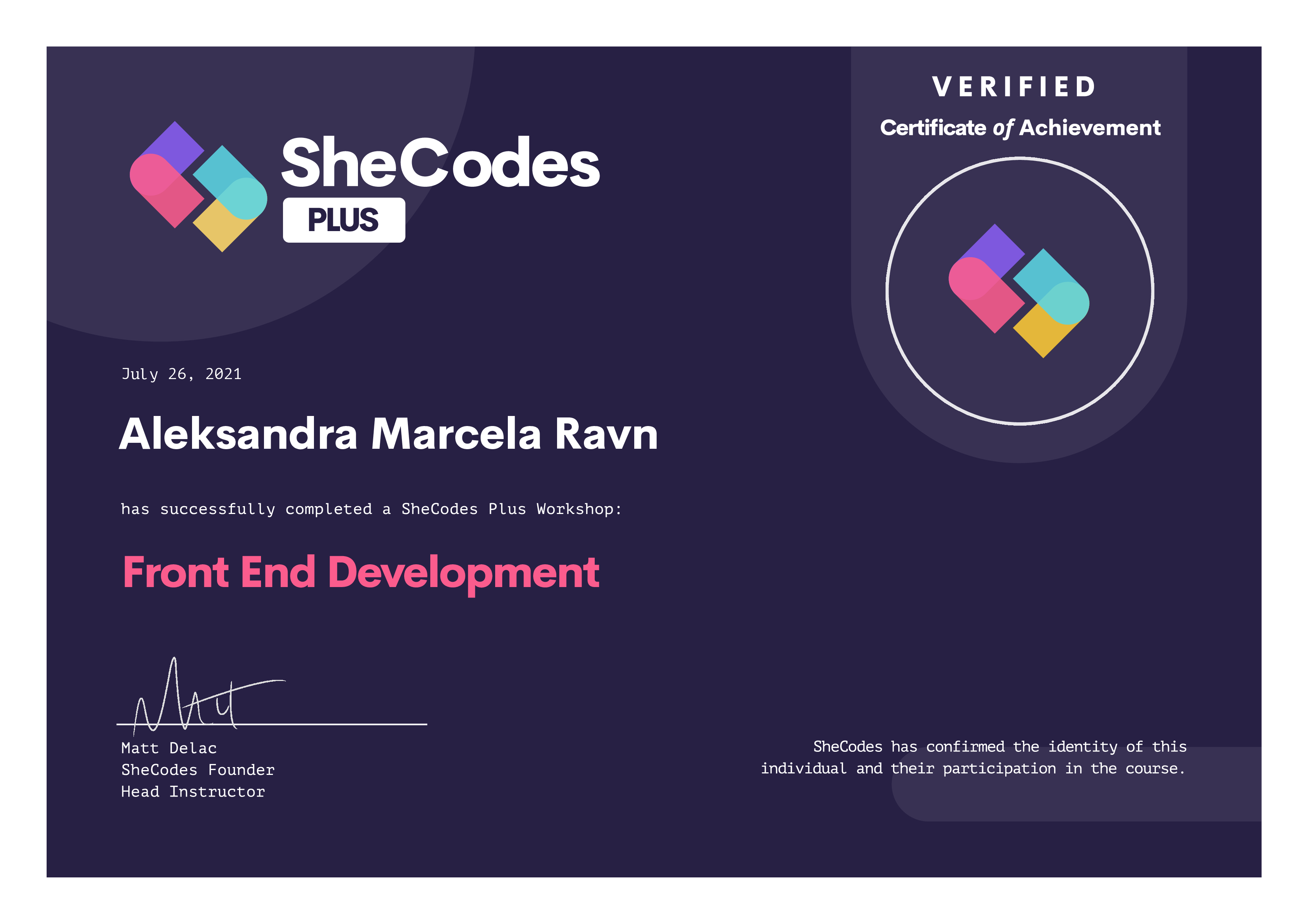 SheCodes FrontEnd Developer certificate